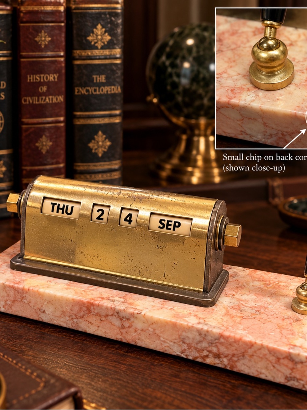 Vintage Brass Perpetual Desk Calendar on Pink Marble Base